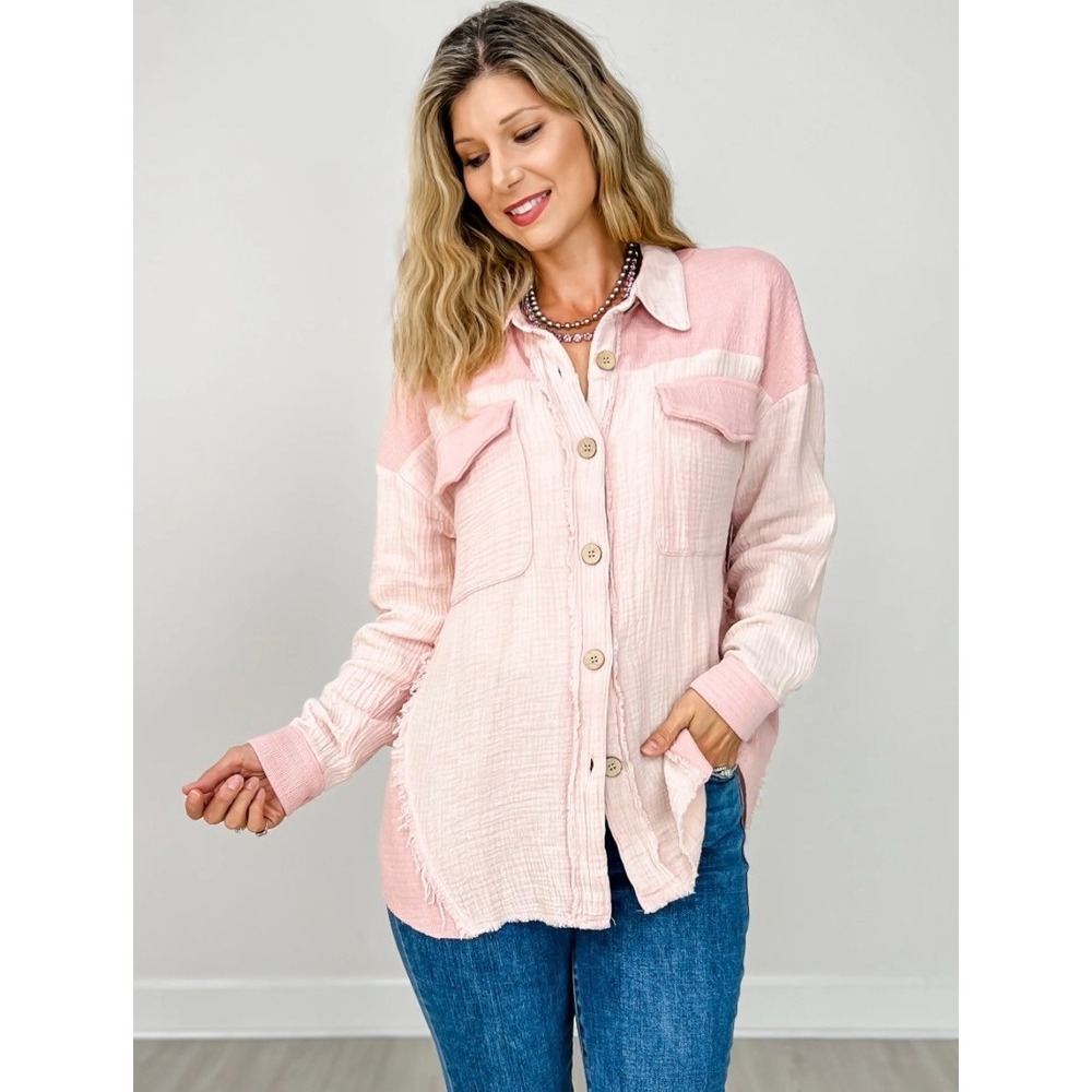 Pink Mineral Washed Oversized Gauze Button Down Tunic Small Boho